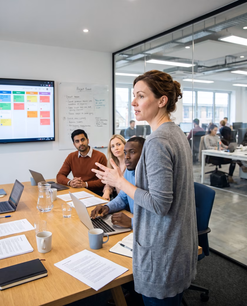 A team manager briefing her team in a meeting room